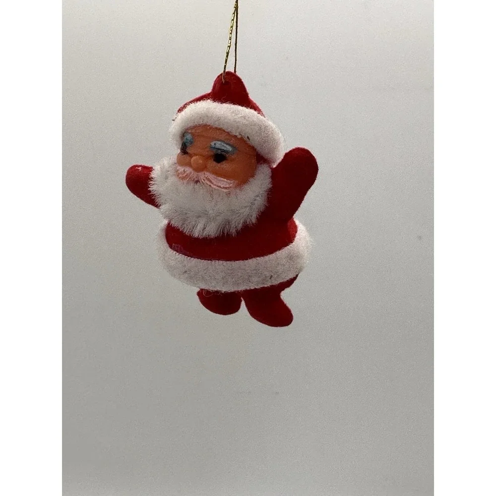 Vintage Flocked Santa Claus Christmas Ornament Plush Red White 2